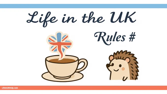 Watercolor banner for Life in the UK rules series: cozy teacup with Union Jack steam, smiling hedgehog mascot, welcoming British humor vibe. LifeinUKHelp.com