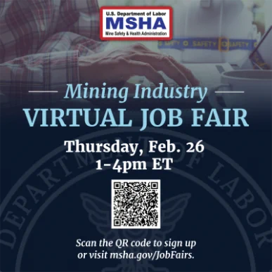 Flyer for a virtual job fair hosted by the U.S. Department of Labor's Mine Safety & Health Administration (MSHA). Event date: Thursday, February 26, 1-4 PM ET. Includes a QR code for signup and mentions visiting msha.gov/JobFairs