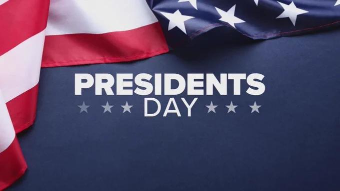 A picture of an American flag that says Presidents' Day