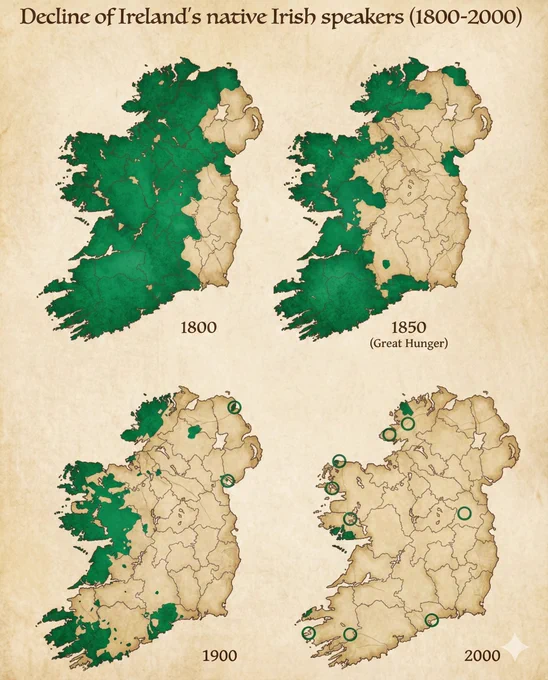 Originally the dominant tongue of the rural population, the 1850 Great Famine created a psychological shift, associating Irish with poverty and English with survival. Following decades of institutional erasure in schools, the language was pushed to the rugged "Atlantic fringe". The last map highlights the surviving Gaeltacht regions in isolated western terrains like Connemara and Kerry.