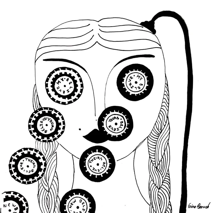 Black and white surrealistic portrait of a woman with two braids and multiple lenses over her eyes.