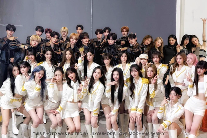 This is an edited photo containing members of the Modhaus family, consisting of tripleS, ARTMS, and Idntt. 