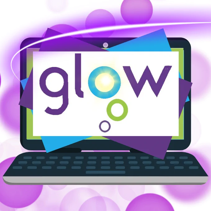 Laptop screen displaying the Glow logo with colourful geometric shapes behind it.