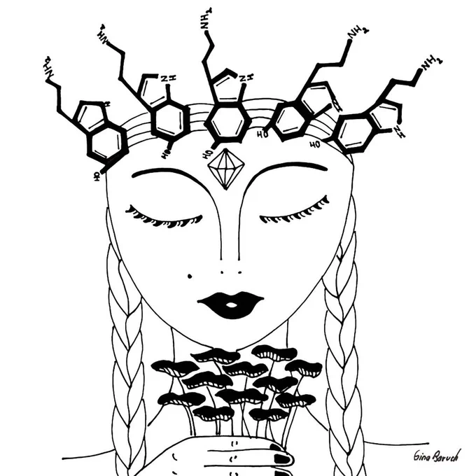 With eyes closed and a crown of tryptophan (serotonin) structures emerging from her forehead like a halo, Xonca holds a cluster of mushrooms. This is a visual map of the neurochemical dance that occurs when we commune with the earth's ancient medicines.
