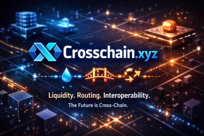 Futuristic digital graphic featuring the premium Crosschain.xyz domain and logo centered over a glowing cross-chain network. Interconnected nodes, bridges, and blockchain blocks in blue, purple, and gold tones represent liquidity routing and interoperability, with the tagline ‘Liquidity. Routing. Interoperability.’ and a high-tech, next-generation DeFi aesthetic.