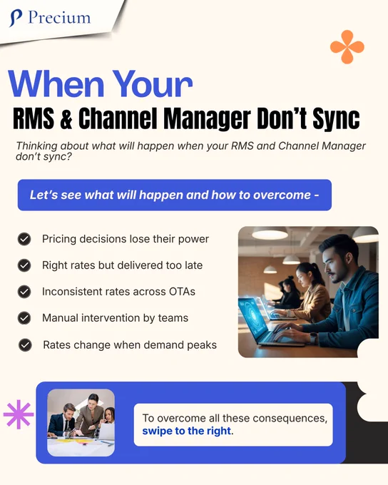 𝐖𝐡𝐞𝐧 𝐘𝐨𝐮𝐫 𝐑𝐌𝐒 & 𝐂𝐡𝐚𝐧𝐧𝐞𝐥 𝐌𝐚𝐧𝐚𝐠𝐞𝐫 𝐃𝐨𝐧’𝐭 𝐒𝐲𝐧𝐜
Thinking about what will happen when your RMS and Channel Manager don’t sync?

𝐋𝐞𝐭’𝐬 𝐬𝐞𝐞 𝐰𝐡𝐚𝐭 𝐰𝐢𝐥𝐥 𝐡𝐚𝐩𝐩𝐞𝐧 𝐚𝐧𝐝 𝐡𝐨𝐰 𝐭𝐨 𝐨𝐯𝐞𝐫𝐜𝐨𝐦𝐞 -
- Pricing decisions lose their power
- Right rates but delivered too late 
- Inconsistent rates across OTAs
- Manual intervention by teams
- Rates change when demand peaks

𝐓𝐨 𝐨𝐯𝐞𝐫𝐜𝐨𝐦𝐞 𝐚𝐥𝐥 𝐭𝐡𝐞𝐬𝐞 𝐜𝐨𝐧𝐬𝐞𝐪𝐮𝐞𝐧𝐜𝐞𝐬
✅ Align the RMS and Channel Managers 
✅ Sync PMS & CM in real-time 
✅ Ensure rooms and rates are mapped
✅ Identify PMS logs for errors
✅ RMS tracks and analyses demand, pace and pickup
✅ Rate updates instantly 
✅ Distribute rates in real-time on OTAs

Ready to unlock the features of Precium Technologies (RMS)? Schedule your free demo now. 