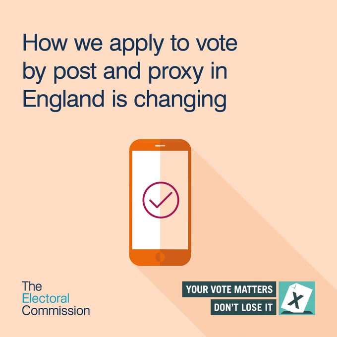 Orange background with a mobile phone and a tick on it. Words say ‘How we apply to vote by post and proxy in England is changing.