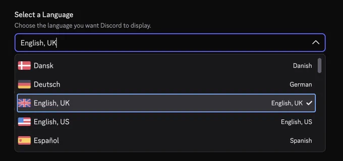 A screenshot of Discord's Language Settings menu.