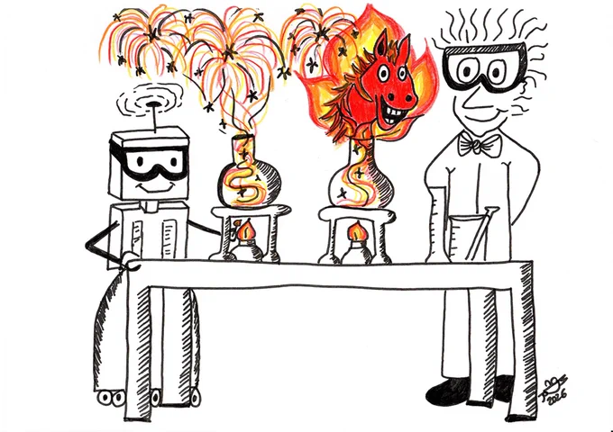 Cartoon showing the NanoWorld AFM professor and robot in the lab watching the lunar new year fire horse emerging from their experiments.