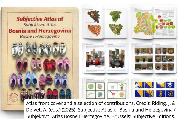 Cover of the Subjective Atlas of Bosnia and Herzegovina featuring rows of traditional shoes and a collage of maps and cultural images inside.