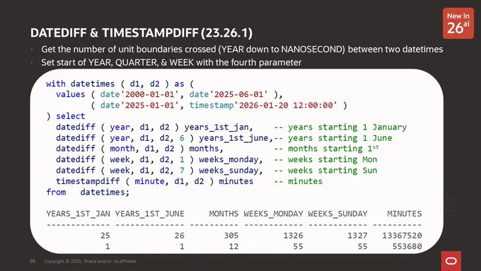 DATEDIFF & TIMESTAMPDIFF (23.26.1)

Get the number of unit boundaries crossed (YEAR down to NANOSECOND) between two datetimes
Set start of YEAR, QUARTER, & WEEK with the fourth parameter

Examples of the diff between dates for various units