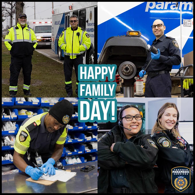Four photos of Toronto Paramedic Services staff in their workspaces smiling for the camera. Text reads: “Happy Family Day!”
