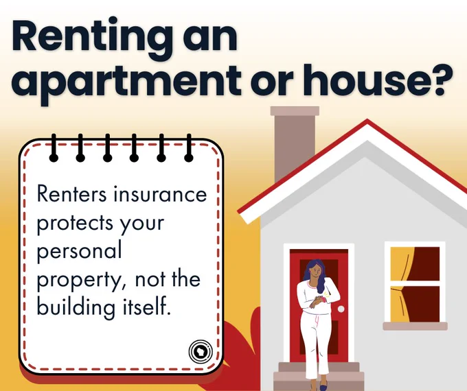 Graphic explaining that renters insurance protects personal property, not the building, with an illustration of a renter standing at a house.