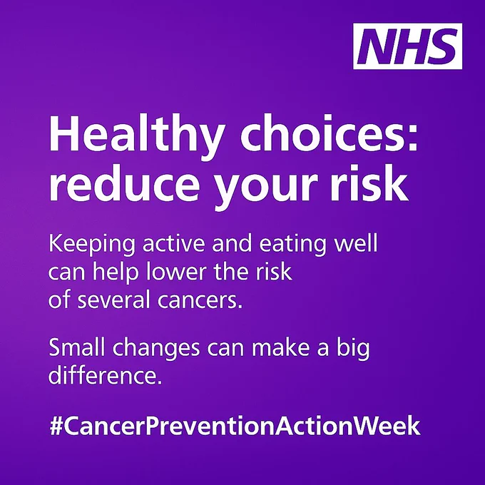 NHS message encouraging healthy choices to reduce cancer risk through activity and good nutrition.