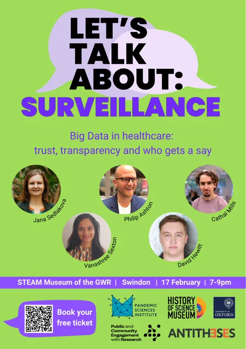 Poster with a bright green background titled “LET’S TALK ABOUT: SURVEILLANCE” in large bold black and purple text inside overlapping speech bubbles. Subtitle reads: “Big Data in healthcare: trust, transparency and who gets a say.”

Five circular headshots of speakers are shown with names curved alongside their photos: Jana Sedlakova, Philip Ashton, Cathal Mills, Vanashree Sexton, and David Hewitt.

Event details in a purple banner: “STEAM Museum of the GWR | Swindon | 17 February | 7–9pm.”

Logos at the bottom include Pandemic Sciences Institute, History of Science Museum, University of Oxford, Public and Community Engagement with Research, and ANTITHESES.