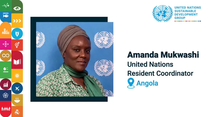 United Nations Sustainable Development Group graphic announcing Amanda Mukwashi as United Nations Resident Coordinator for Angola, with her portrait on the left and the UN SDG logo at top right.