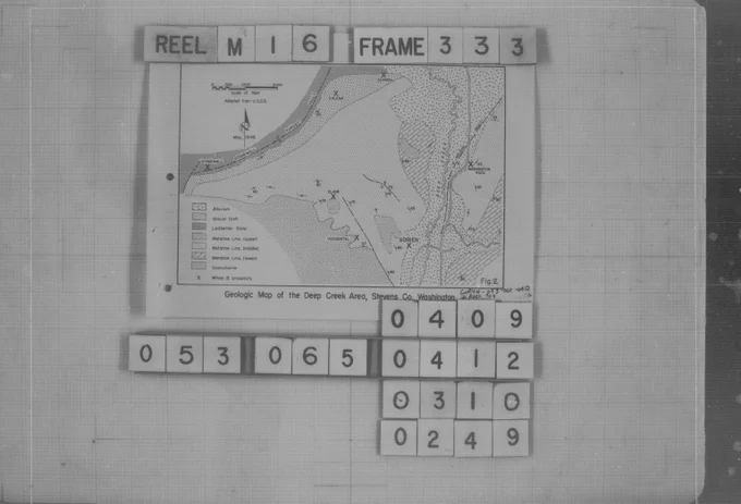 Black and white geologic map showing the Deep Creek Area in Stevens County with labeled rock formations and fault lines.