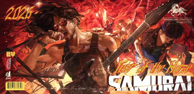 The band Samurai rocks out on stage. Johnny Silverhand sings into a microphone and holds the neck of a guitar in his cybernetic hand. Behind him, Kerry Eurodyne shreds on a guitar. The other band members are engulfed in a red flame-like background from which a fiery horse head emerges. Stylized red-and-yellow text reads, "2026. Year of the Horse. Samurai". Along the left edge is a bar code and the logos of three companies. On the top right is a drawing of a horse and text that reads, "Release Date: 16/Feb/2026. Night City, CA."