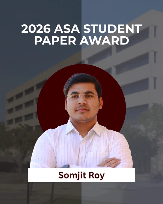 A promotional graphic announcing the “2026 ASA Student Paper Award,” featuring a centered portrait of Somjit Roy standing with arms crossed in front of a blurred campus building background. A red circular backdrop highlights the subject, and a name banner at the bottom displays “Somjit Roy.”