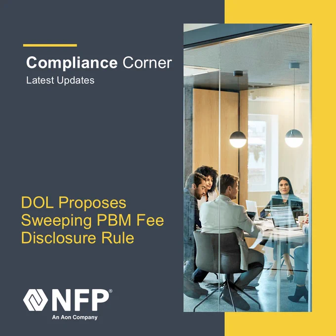 Four individuals having a meeting in a modern office, viewed through a glass wall with an overlay mentioning 'DOL Proposes Sweeping PBM Fee Disclosure Rule.'