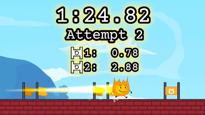 Firey running through two Checkpoints, with an attempt counter and timer splits above.