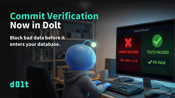 3D character at a computer screen showing commit verification with blocked and passed test results in Dolt software.
