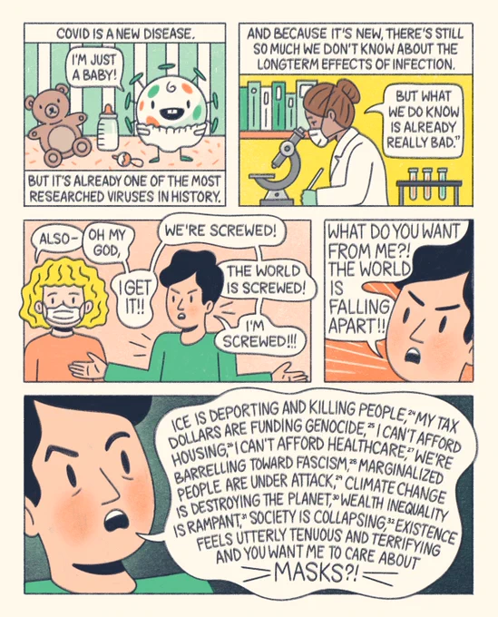 illustrated comic about community, masking in an N95, and the covid pandemic