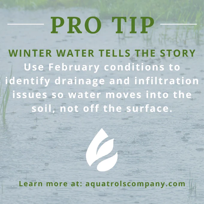 Pro Tip image from Aquatrols Company emphasizing the importance of managing winter water for effective drainage and infiltration. Background shows waterlogged area with grass partially submerged in water.