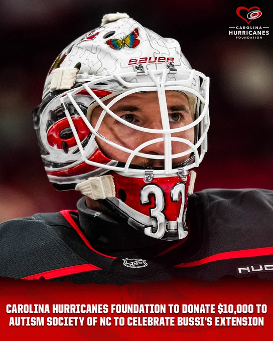 Graphic announcing the Carolina Hurricanes Foundation will donate $10,000 to the Autism Society of NC to celebrate Bussi's extension.