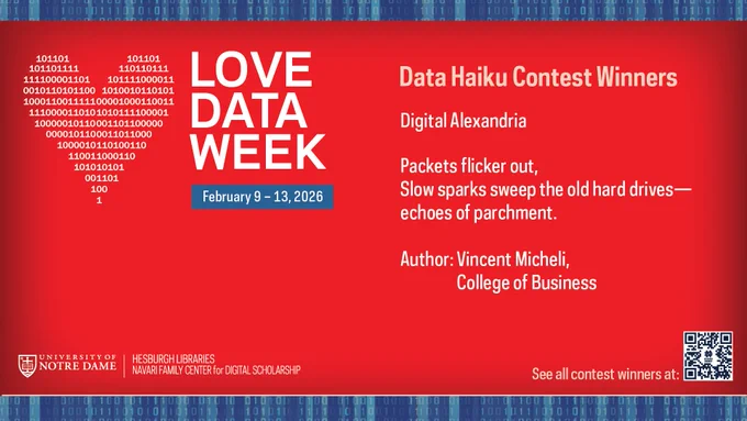 Love Data Week graphic of a heart consisting of white ones and zeroes in the upper left and the headline "Data Haiku Contest Winners" in the upper right on a red background. The haiku "Digital Alexandria" by Vincent Micheli is below.