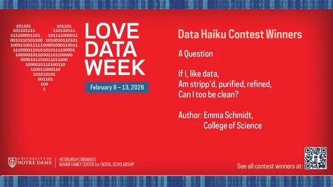 Love Data Week graphic of a heart consisting of white ones and zeroes in the upper left and the headline "Data Haiku Contest Winners" in the upper right on a red background. The haiku "A Question" by Emma Schmidt is below.