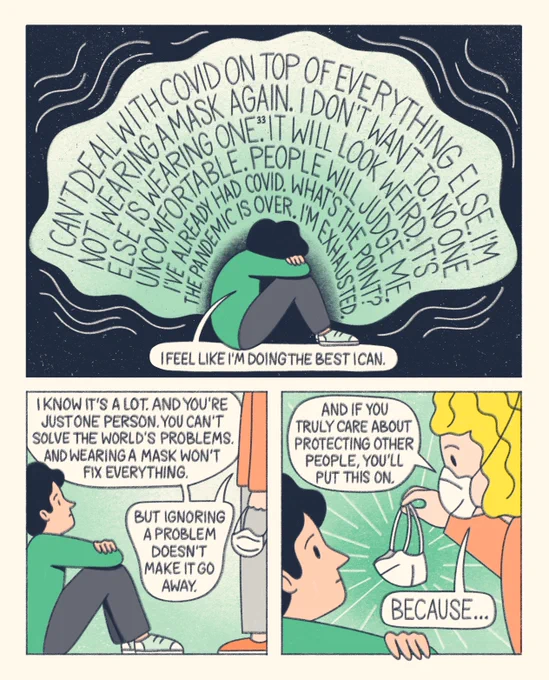 illustrated comic about community, masking in an N95, and the covid pandemic