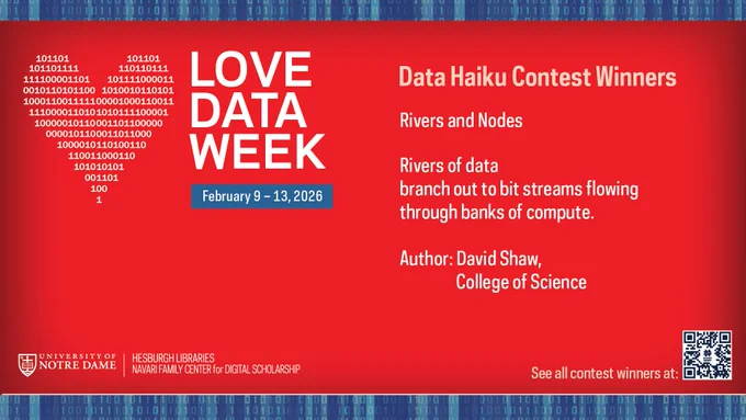 Love Data Week graphic of a heart consisting of white ones and zeroes in the upper left and the headline "Data Haiku Contest Winners" in the upper right on a red background. The haiku "Rivers and Nodes" by David Shaw is below.