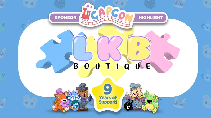 CAPCon Sponsor Highlight graphic featuring the LKB Boutique logo centered on a light background. The logo shows “LKB” in colorful pastel bubble letters layered over three puzzle-piece shapes in blue, yellow, and pink, with “Boutique” written below in black lettering. A yellow star at the bottom reads “9 Years of Support!” Cartoon animal mascots line the bottom border beneath the star.