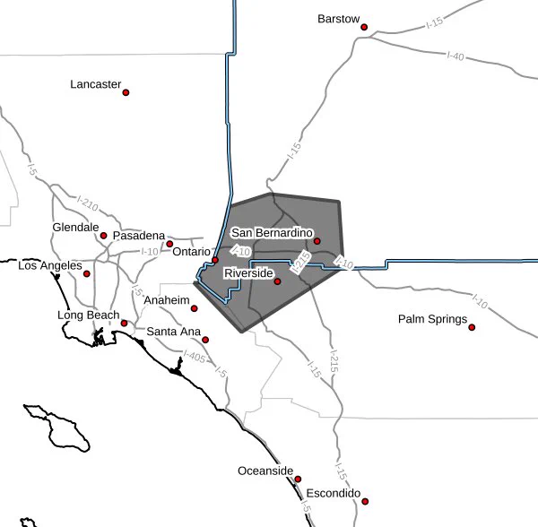 Map showing Southern California, highlighting San Bernardino in gray, with major cities like Los Angeles and Riverside marked in red, interstates labeled.