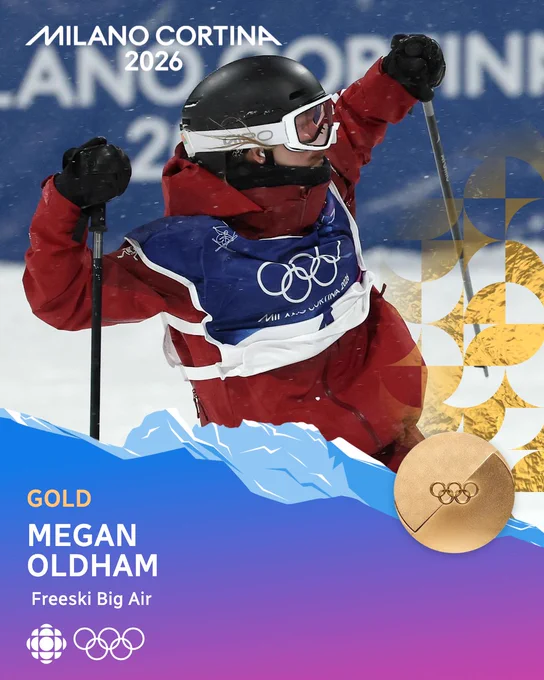 Woman in Team Canada ski gear. (Text below reads) "Gold. Megan Oldham. Freeski big air"