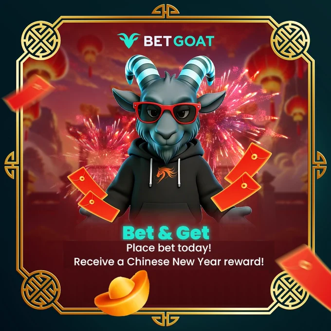 Animated goat character with striped horns wearing a hoodie, surrounded by red envelopes and fireworks celebrating Chinese New Year for BetGoat promotion.
Bet & Get Reward!
#Chinesenewyear #reward #Nominimum #betgoat #CNY2026