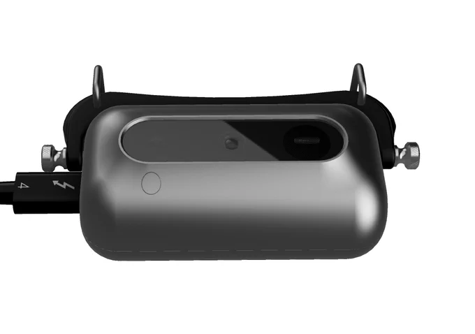 Petpin V0 front view showing the camera lens, microphone, sensor panel, power button, and mounting hardware.