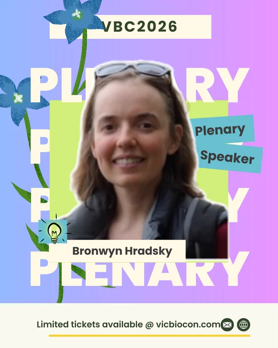 A blue and purple graphic with a cutout portrait photo of Bronwyn Hradsky smiling at the camera. Repeating text behind the photo says "plenary" four times with a blue flower and green stem wrapped around it on the left. A text tag to the right says "plenary speaker". Beneath the photo Bronwyn Hradsky's name is listed.