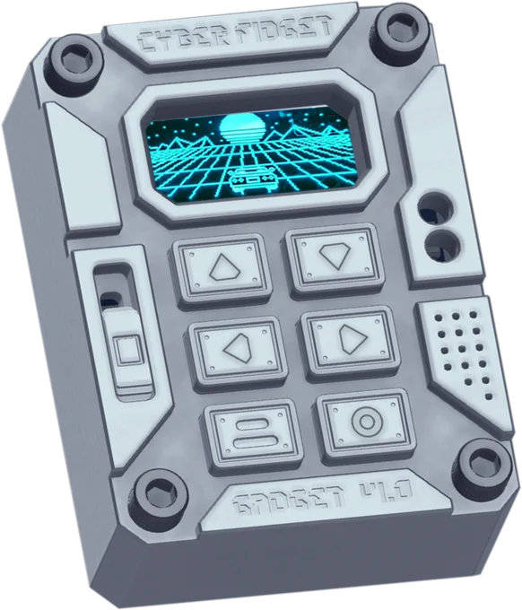 Close-up of a Cyber Fidget handheld device with a rugged, industrial design, featuring a small screen showing a neon grid landscape, multiple tactile buttons with arrow icons, and labeled text reading “Cyber Fidget” and “Gadget v1.0.”