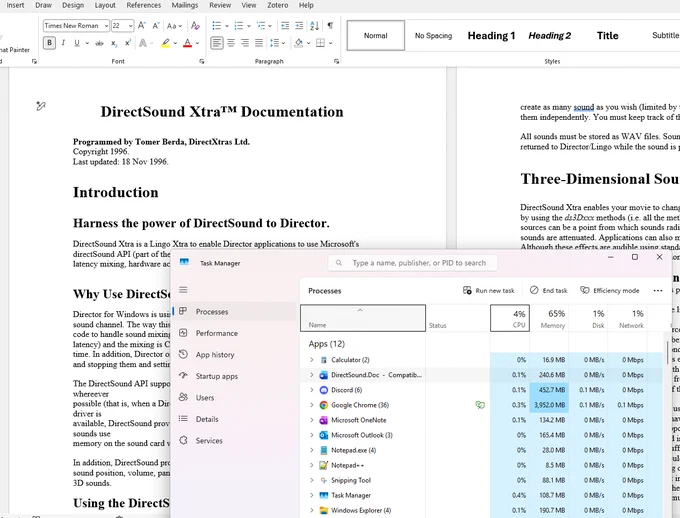 Screenshot of Microsoft Word displaying some DirectSound documentation from 1996. In front of it is Windows Task Manager, showing that Word is using 240.6MB of memory.