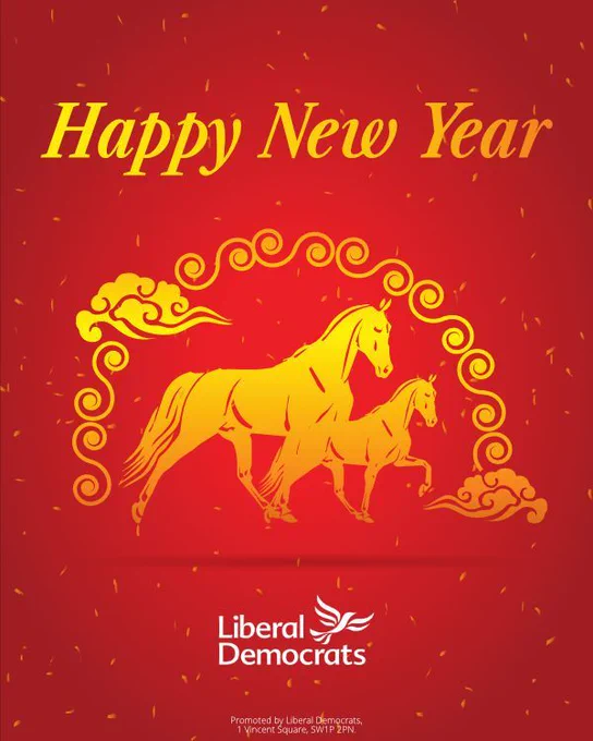 Red Lunar New Year graphic with gold text reading “Happy New Year” above two stylized golden horses framed by gold decorative swirls and clouds, with scattered confetti.