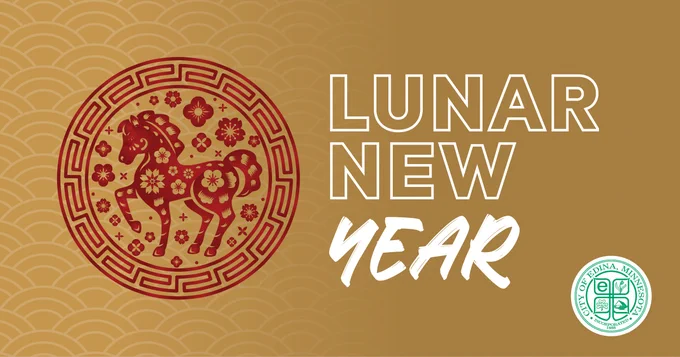Lunar New Year design featuring a red floral horse surrounded by additional floral elements inside a circular border with a geometric pattern on a gold patterned background. Text reads “Lunar New Year,” with the City of Edina seal in the lower right corner.