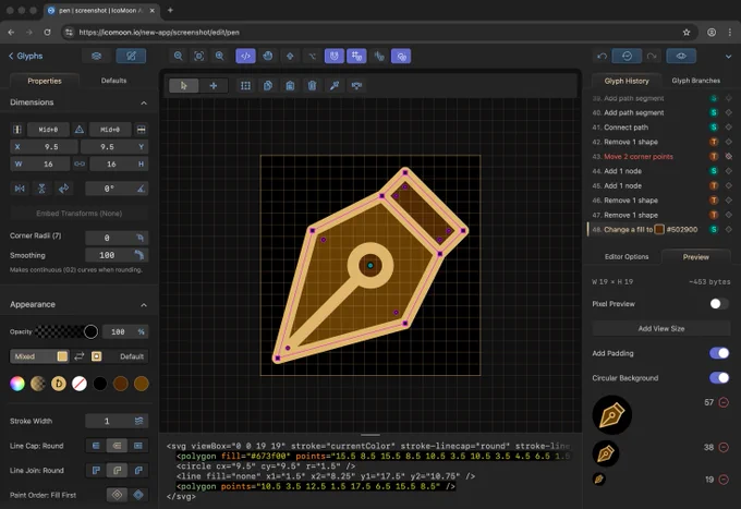 IcoMoon's SVG editor in dark mode on a wide screen. Changes made in the main editing area (center) get reflected in the code editor (bottom) and vice versa. The history panel can be seen on the right side, with an item that is toggled off and disabled. Each item in the history panel has an indicator for the user that made the change. The properties panel appears on left, with options for changing size, smooth rounding with G2 continuity, color, opacity, stroke width, and more.