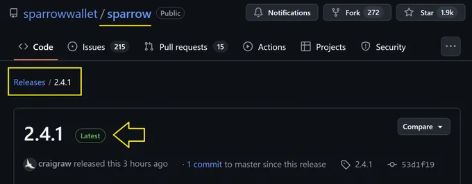 Sitio Oficial
https://sparrowwallet.com/download/
GitHub
https://github.com/sparrowwallet/sparrow/releases/tag/2.4.1