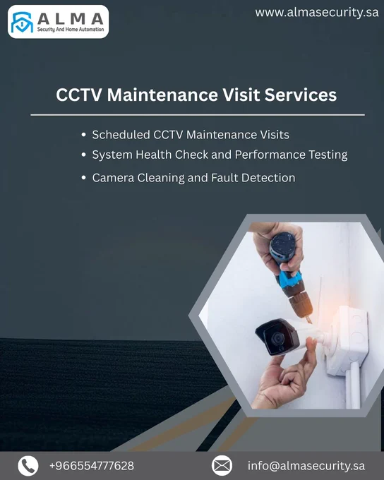 Keep your security systems running smoothly with ALMA's CCTV maintenance services! We offer:
•	Scheduled CCTV maintenance visits
•	Comprehensive system health checks and performance testing
•	Camera cleaning and fault detection for optimal functionality
Ensure your security is always at its best.
Contact us for more information:
📞  966554777628
📧 info@almasecurity.sa
🌐 www.almasecurity.sa
#CCTVMaintenance #SecuritySystems #FaultDetection #CameraCleaning #ALMASecurity #HomeSecurity #SystemHealthCheck
