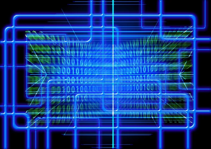 A colour illustration of green digital text, overlaid by a blue circuit diagram.