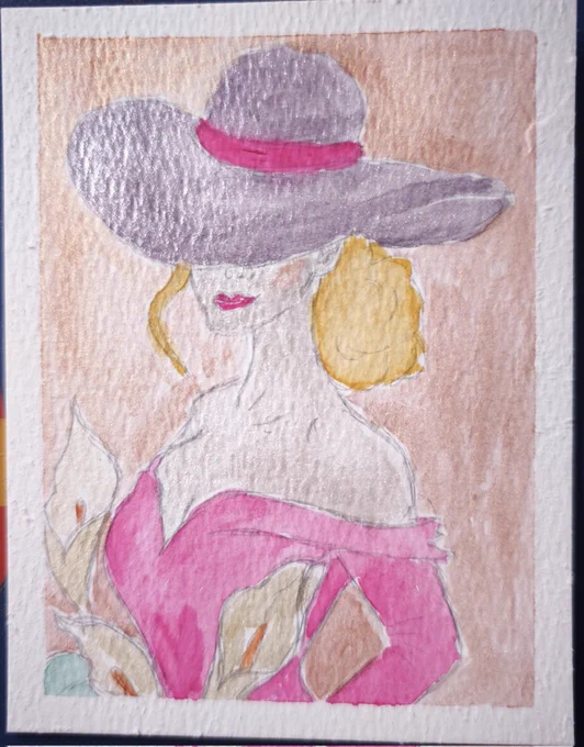Pencil sketch painted with watercolors. 
A pretty woman in a hat, elegantly dressed, holding flowers.