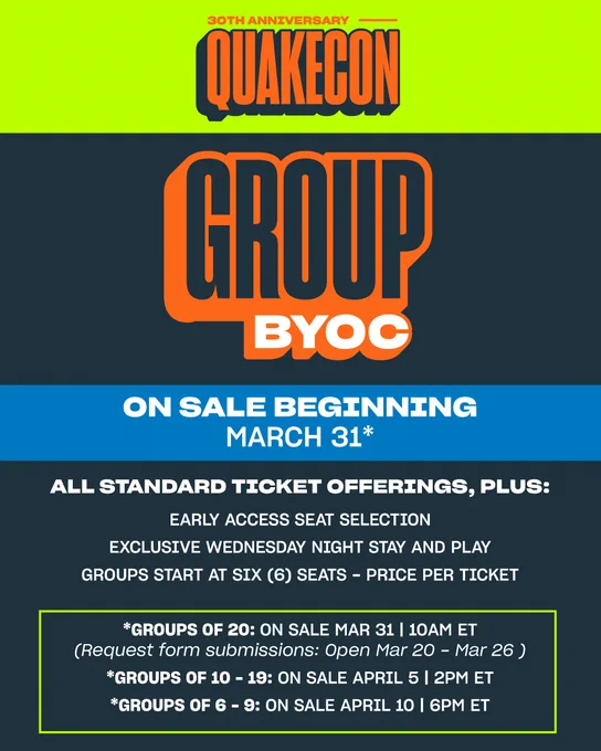 Image depicting the ticket tiers available for this year's QuakeCon 2026.