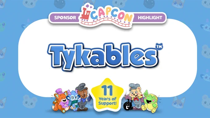CAPCon Sponsor Highlight graphic featuring the Tykables logo centered on a light background. The logo displays bold blue bubble-style lettering with a small trademark symbol. A yellow star at the bottom reads “11 Years of Support!” Cartoon animal mascots line the bottom border.